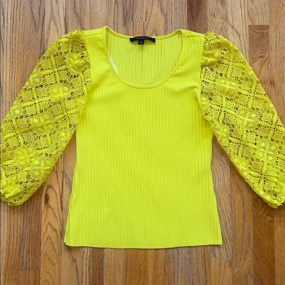 Marc New York Yellow Lace Puff-Sleeve Ribbed Top - Picture 2 of 8